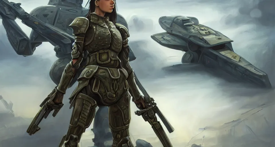 Prompt: a photorealistic painting of an attractive young warrior girl, clothed in stealth-battle armor with a giant sci-fi sniper rifle in her hands, olive skin, long dark hair, beautiful bone structure, symmetrical face, perfect eyes, a futuristic hover-tank with heavy laser-turret in the background, intricate details, elegant, digital painting, illustration, sharp focus, minimal artifacts, from Metal Gear, in the style of Ruan Jia and Mandy Jurgens and Greg Rutkowski, trending on Artstation, award winning, unreal engine, octane render