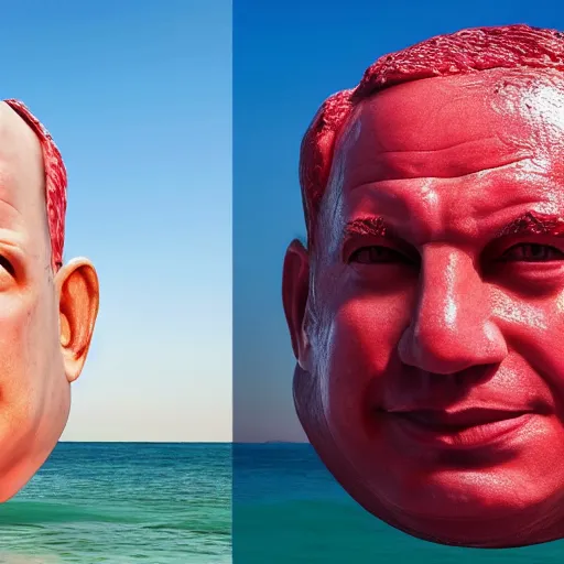 Image similar to a giant benjamin netanyahu head, sculpture made out of juicy and transparent red jelly in the sea, long shot, hyper detailed, hyper realistic, ray tracing, 8 k resolution, sharp focus, realistic water, award winning