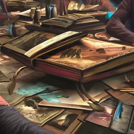 Prompt: a people trying to grab a masterpiece book on a table, sci-fi style, concept art