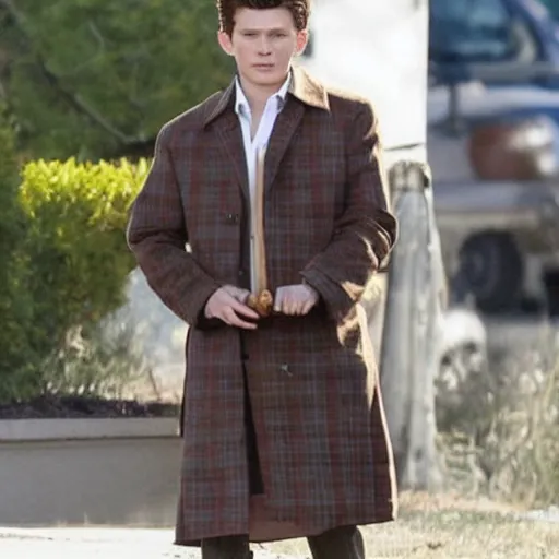 Prompt: tom holland wearing a brown trenchcoat, white shirt and plaid tie, smoking a cigar, dressed as detective columbo.