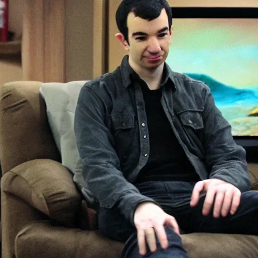 Prompt: nathan fielder watching lord of the rings in a basement