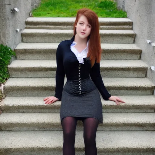 Image similar to full-length photo of beautiful 18 year old girl in short skirt, thigh highs and corset