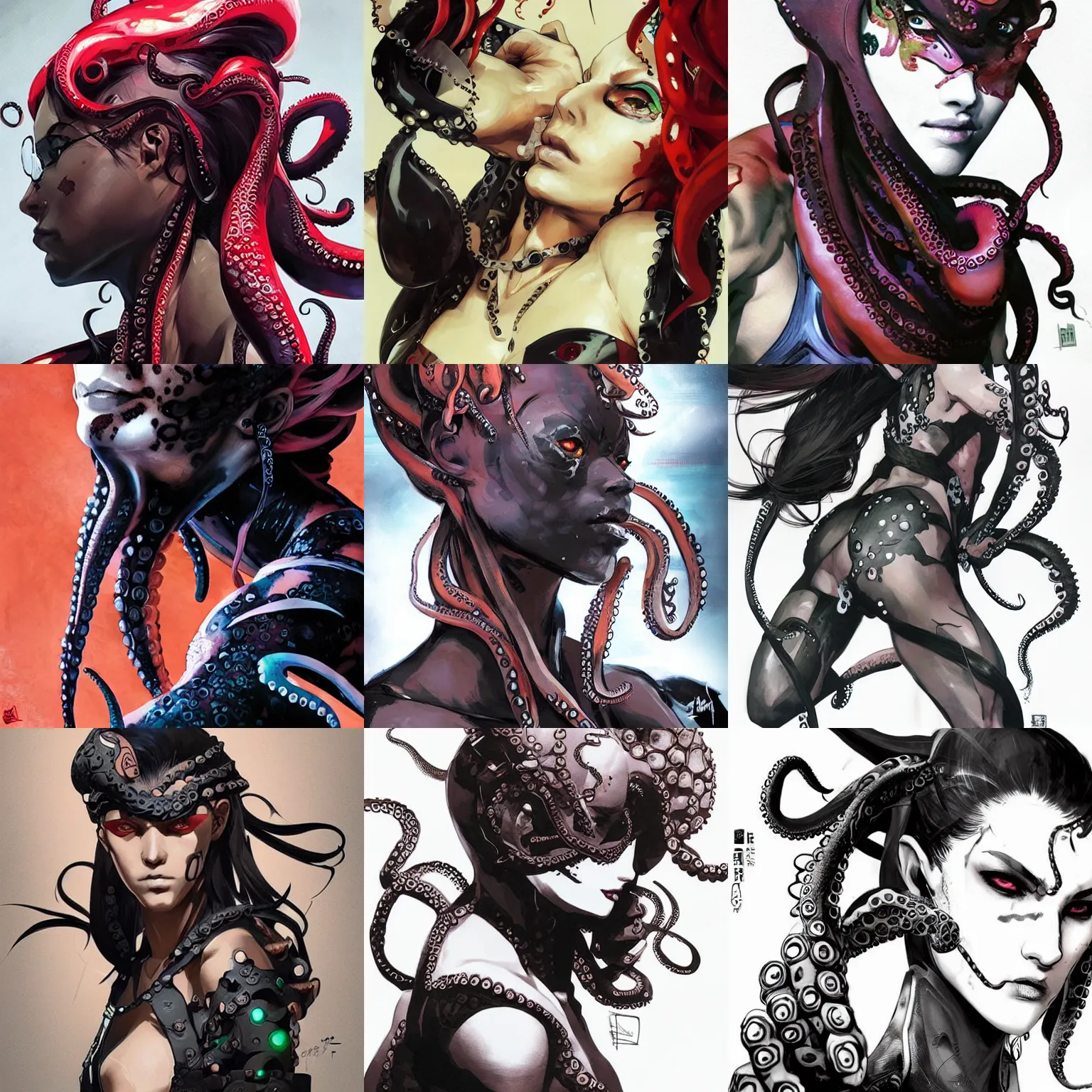 Prompt: a beautiful side portrait of a female octopus ninja. tentacles all over. art by yoji shinkawa and sandra chevrier, trending on artstation, award - winning, perfect composition.