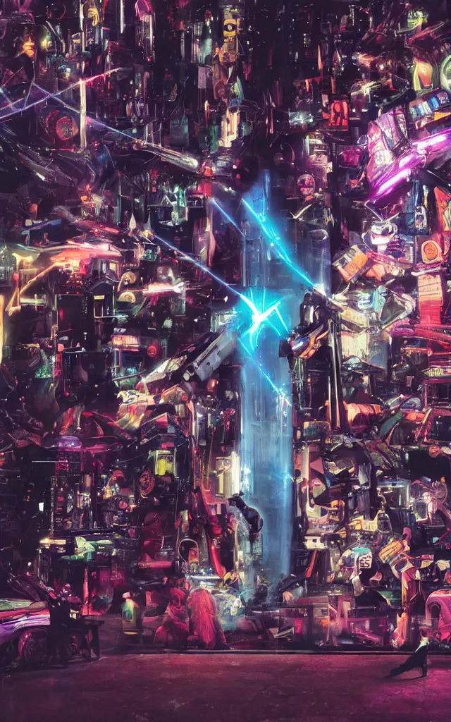 Prompt: Pope shooting bright lasers in front of robotic nuns, 80s, science fiction, cyberpunk, neon, low angle shot, cross, pope, movie poster, futuristic