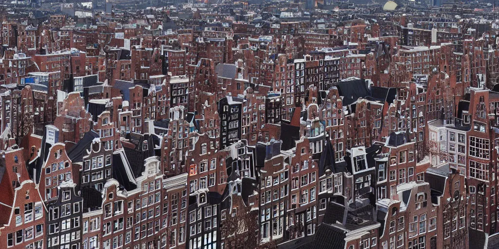 Image similar to the rooftops of amsterdam after the storm. 4 k vray