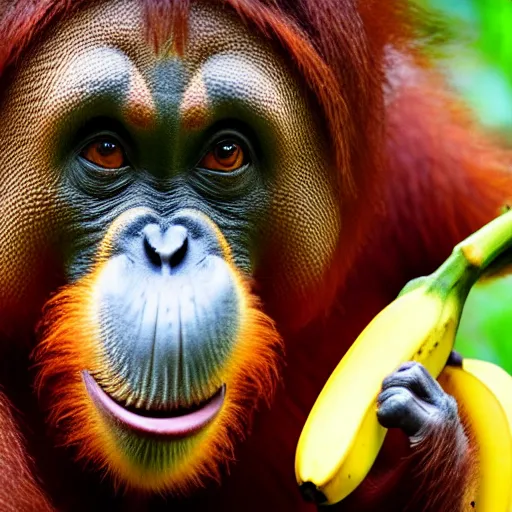 Image similar to pixel art of an orangutan eating a banana 4 k, high resolution, still, landscape, hd, dslr, hyper realistic