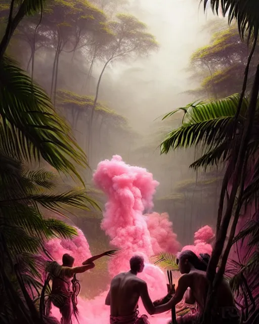 Image similar to a hyper - detailed 3 d render like an oil painting of tribe members in a tropical forest with pink smoke!!!!! surreal concept art, lifelike, photorealistic, digital painting, aesthetic, smooth, sharp focus, artstation hd, by greg rutkowski, bruce pennington, valentina remenar, rhads, asher duran,