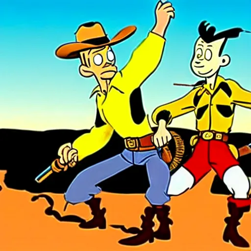 Image similar to lucky luke, killing, tintin, in the style of morris and rene goscinny