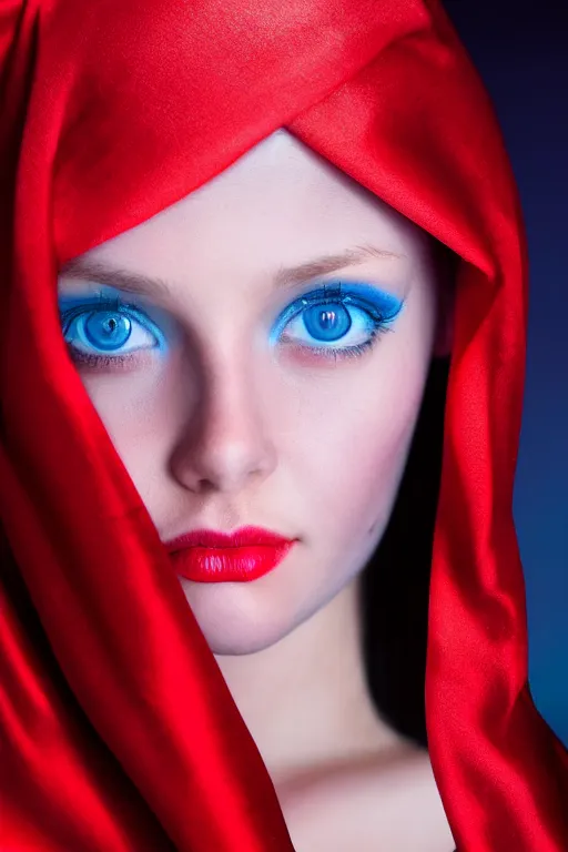 Image similar to a girl with cold blue eyes, standing in a dark room under the bright lighting of cold lamps, in bright red silk clothes golden ratio, by james jean, medium close - up, perfect composition, dramatic, medium close - up ( mcu ), cannon ef 6 5 mm f / 2. 8