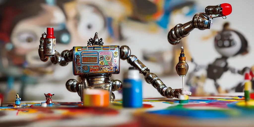 Image similar to closeup portrait of tin toy retro robot painter mixing gouache on white paper table in an artist workshop, depth of field, zeiss lens, detailed, centered, fashion photoshoot, by nicoletta ceccoli, mark ryden, lostfish, breathtaking, 8 k resolution, extremely detailed, beautiful, establishing shot, artistic, hyperrealistic, octane render