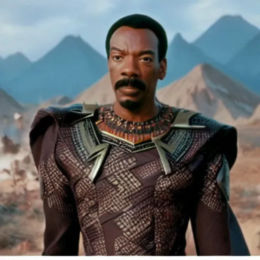 Image similar to film still of 1980s Eddie Murphy as T’Chala in Black Panther movie