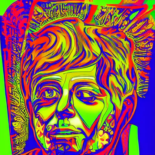 Prompt: JFK, psychedelic, blacklight digital art, Alphonse Mucha