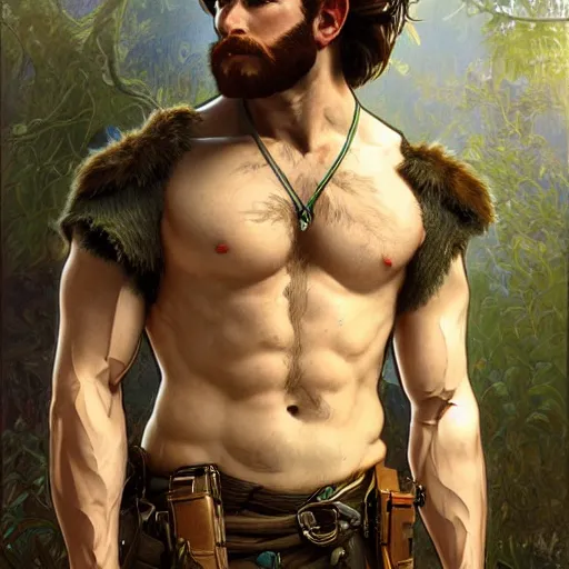 Image similar to portrait of a rugged ranger, muscular, upper body, hairy torso, D&D, fantasy, intricate, elegant, highly detailed, digital painting, artstation, concept art, smooth, sharp focus, illustration, art by alphonse mucha