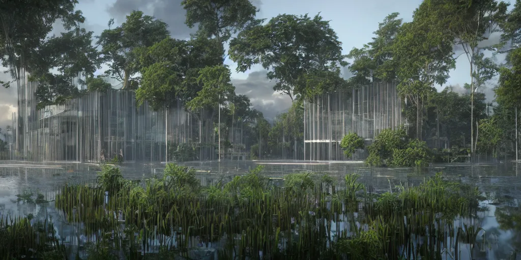 Prompt: a stunningly detailed building designed by George Lloyd, surrounded by lush green forest, ponds of water, stunning volumetric lighting, sunset, metal, concrete, glass, stunning skies, trending on Artstation, 8k, photorealistic, hyper detailed, unreal engine 5, Rhinoceros 3D, IMAX quality, cinematic, epic lighting, in the style of Greg Rutkowski