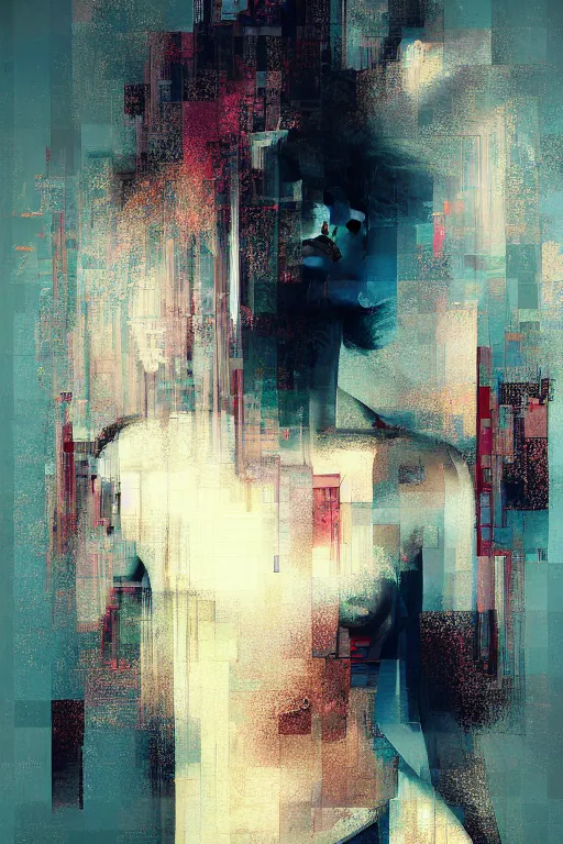 Prompt: a beautiful glitched painting by christian hook of a woman in a bathroom, geometric shapes and pixel sorting, brushstrokes by jeremy mann, still life, dark colors