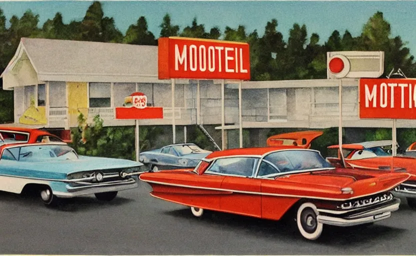 Prompt: 1 9 6 0 s americana painting of a motel and motel sign with cars parked outside by norman rockwell