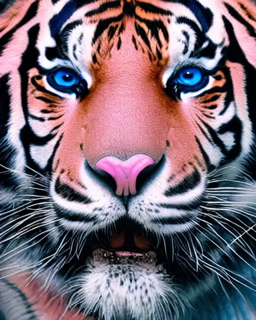 Image similar to natural light, soft focus extreme close up portrait of a tiger with soft synthetic pink skin, blue bioluminescent plastics, smooth shiny metal, elaborate ornate head piece, piercings, skin textures, by annie leibovitz, paul lehr