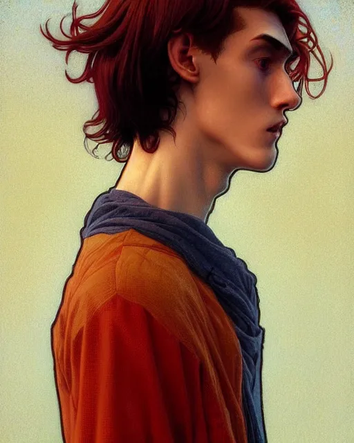 Image similar to symmetry!! portrait of tall, thin, 1 5 - year - old boy with a long nose, a lot of freckles, fiery red hair, and bright blue eyes, fantasy, intricate, highly detailed, digital painting, artstation, concept art, smooth, sharp focus, illustration, art by artgerm and greg rutkowski and alphonse mucha