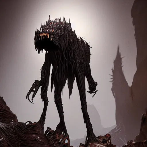Image similar to tall bipedal creature in the darkness, claws, large long pointy teeth, drooling, shadowy cavern, highly intricate, detailed, 8 k, octane render