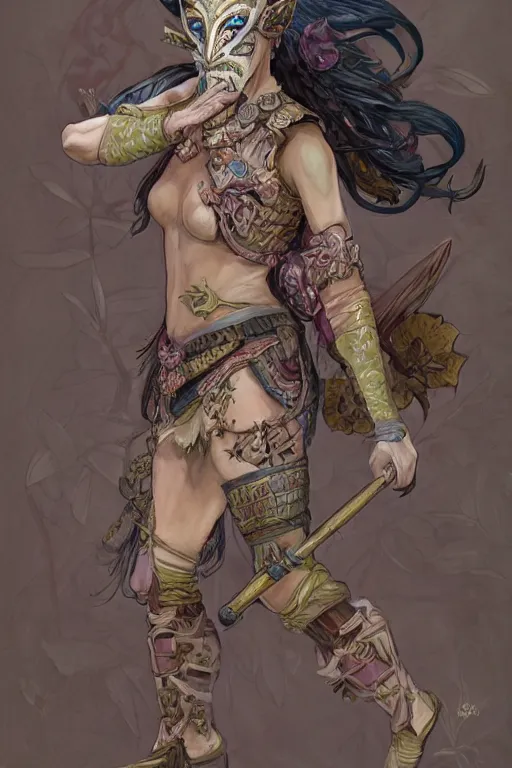 Prompt: full - body portrait, female changeling in floral - patterned light armor, wielding a decorated halberd, barefoot in sandals, noh theatre mask, capricious, energetic, provocative, realistic proportions, reasonable fantasy art, in the style of dnd illustrations, pathfinder, paizo.