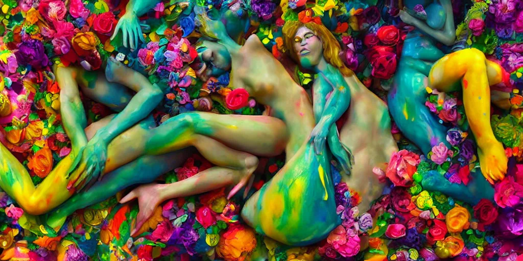 Image similar to closeup photograph of a surrealist sculpture human bodies intertwined, a lovely cornucopia of flowers and human body parts, body parts, paint pour, swirling paint, highly detailed, octane render, cinematic