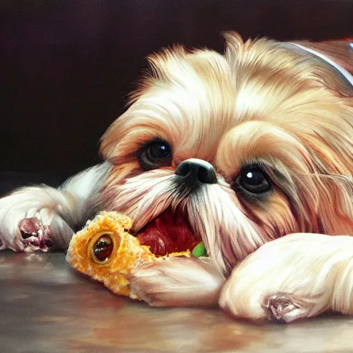 Image similar to golden shih tzu feeding on zombie corpse, photorealism