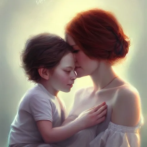 Image similar to love is patient love is kind, mother and child ; photorealistic oil painting by charlie bowater and mark blooms ; highly detailed cute faces by wlop ; trending on artstation