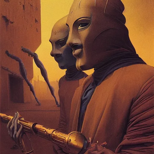 Image similar to portrait of masked Dune Dynasty on the art deco streets of the Undying Empire city of ya-Sattra during the Festival of Masks, award-winning realistic sci-fi concept art by Beksinski, Bruegel, Greg Rutkowski, Alphonse Mucha, and Yoshitaka Amano