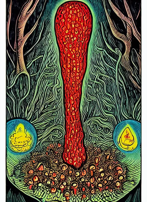 Prompt: tarot card designed by charles burns, painted with oil paint, depicting a drawing of amanita muscaria mushroom, high priest, ritual, dmt space, intricate, ornate