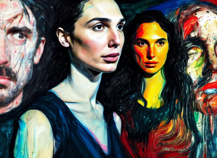 Prompt: portrait gal gadot, vincent lefevre and hernan bas and pat steir and hilma af klint, psychological, photorealistic, dripping paint, washy brush, rendered in octane, altermodern, masterpiece