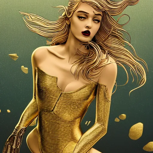 Image similar to gold and silver tones, mermaid, style of moebius, james jean, rutkowski, cinematic, high detail, award winning, 8 k photorealistic