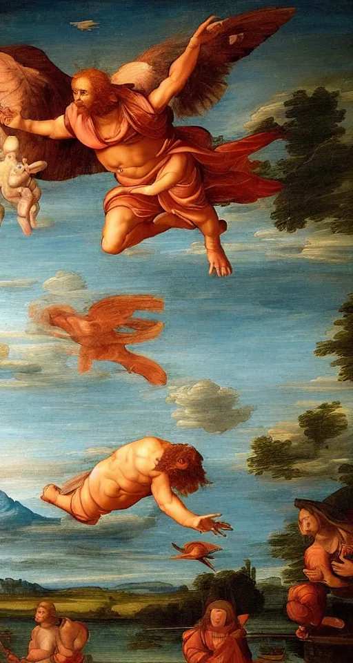 Prompt: renaissance painting of a fire cat god flying over a lake