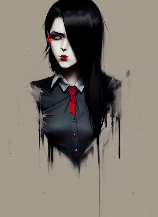 Image similar to ultradetailed beautiful panting of a stylish goth woman wearing a shirt with a tie, dramatic, she has black hair, distressed, by greg rutkowski, james jean, makoto shinkai, ilya kuvshinov, on artstation