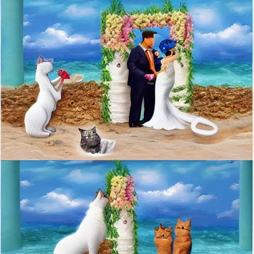 Image similar to a cat and dog getting married by the beach real life, hyper realistic, realistic, 4 k, 8 k uhd, intricate details, detailed, great detail