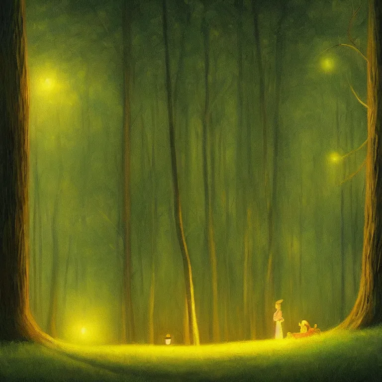 Image similar to a storybook illustration of a hidden forest grove, fireflies, quiet night foggy scene painted by Edward Hopper masterpiece, intricate, elegant, fantasy, highly detailed, digital painting, concept art, sharp focus, artstation