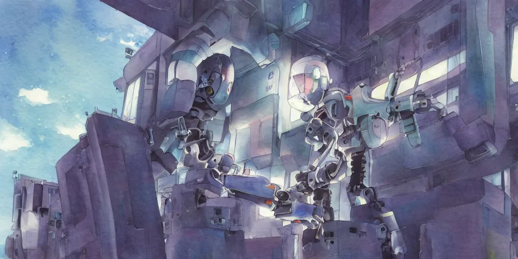 Image similar to watercolour painting of a broken robot repairing itself, anime, pencil lines, light watercolour, pale sky, beautiful artwork, anime screenshot, akihabara