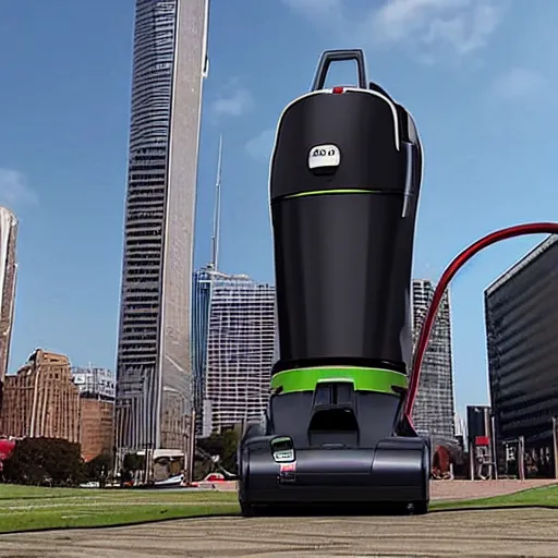 Image similar to a giant vacuum cleaner attacks a city