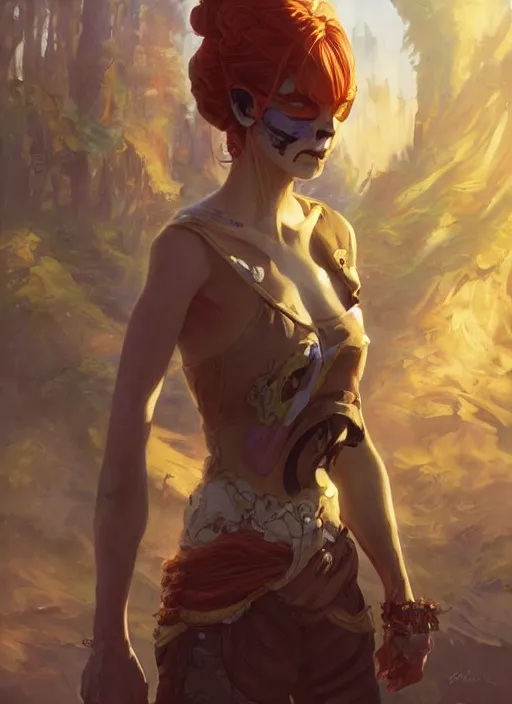 Prompt: a portrait of a female character who has a skull head, late afternoon sunshine, long shadows, scenic environment by Ross Tran and by Jesper Ejsing and by Mikalojus Konstantinas Ciurlionis
