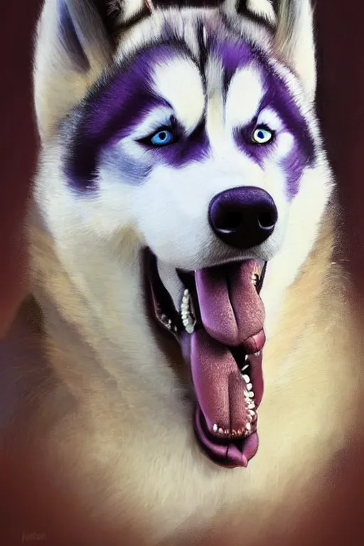 Image similar to a portrait painting of a husky in cowboy costume, character design, anime, humanoid, personify, anthropomorphic