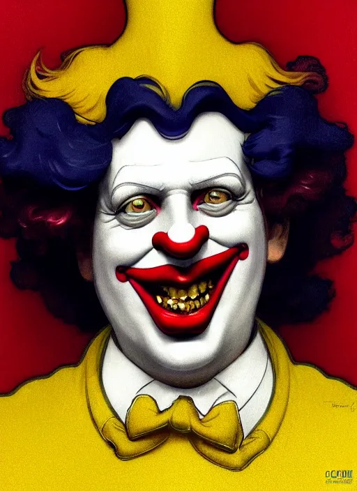 Image similar to close up portrait of ronald mcdonald, court jester, yellow jumper with white collar by artgerm, cushart krenz, greg rutkowski, mucha. art nouveau. gloomhaven, golden arches logo, pale colors, sharp edges. ultra clear detailed. 8 k. elegant, intricate, octane render