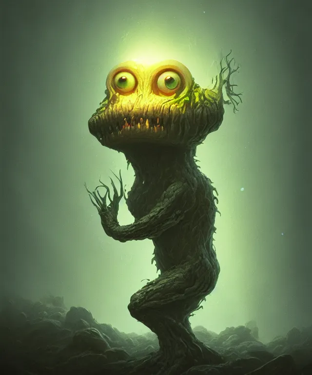 Prompt: a tiny monster with enormous eyes made of bioluminescence, fantasy, elegant, crisp 8 k line art, digital painting, artstation, unreal engine, octane render, concept art, matte, sharp focus, illustration, art by zdzisław beksinski