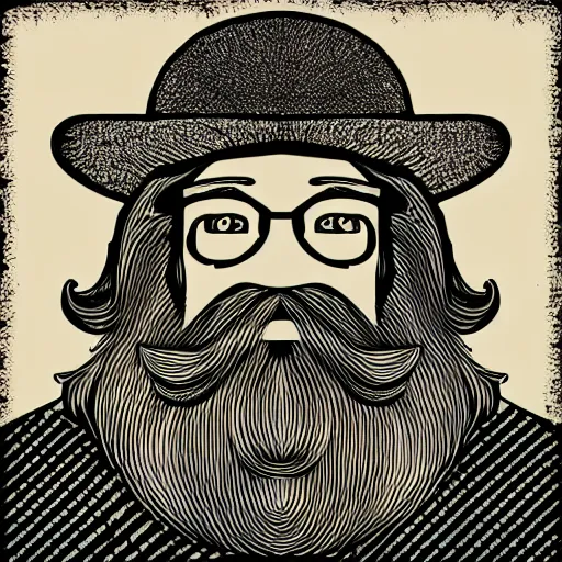 Prompt: bearded man using woodlathe, vector art, simple, clean, monochromatic