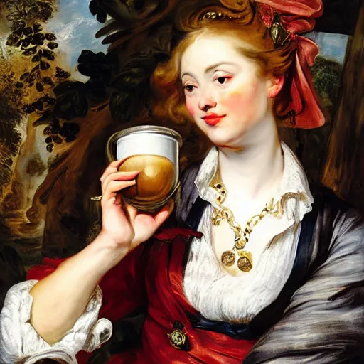 Image similar to heavenly summer sharp land sphere scallop well dressed lady drinking a starbuck latte, auslese, by peter paul rubens and eugene delacroix and karol bak, hyperrealism, digital illustration, fauvist
