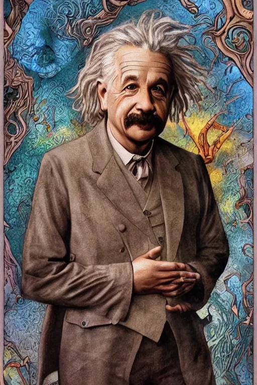 Image similar to intricate smooth color portrait of albert einstein in the style of daniel merriam, 8 k octane beautifully detailed render