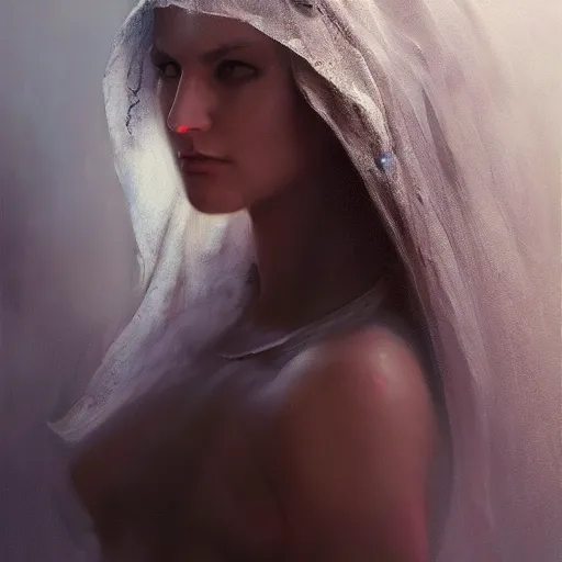 Prompt: a painting of a woman with a veil on her head, a hyperrealistic painting by Raymond Swanland, featured on cgsociety, fantasy art, daz3d, artstation hd, hyper-realistic