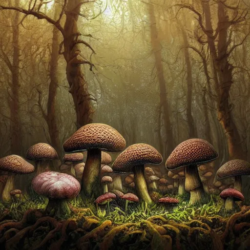 Image similar to A beautiful hyper realistic detailed concept art of a fractal eldritch mushroom forest with morels at foreground and amanitas and puffballs and spores by Andreas Rocha and John Howe and Dan Mumford and Albert Bierstadt, ultrawide angle, artstation, pinterest