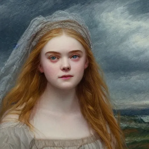 Prompt: Elle Fanning in the style of Sophie Anderson, head and shoulders portrait, stormy weather, extremely detailed masterpiece,