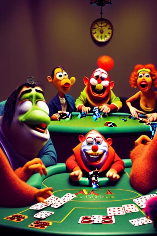 Image similar to pixar serious people playing poker, an angry clown is sitting at the table, screaming | glamorous oily soft polished rich ornate modern | weta disney pixar movie still photo | hi - fructose, sci fi fantasy, smooth, octane render, sharp focus, artstation, concept art | artgerm, mucha, rutkowski, feng zhu, wlop, loish