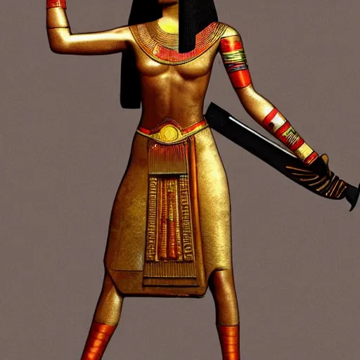 Prompt: full body photo of a female Egyptian warrior with weapons