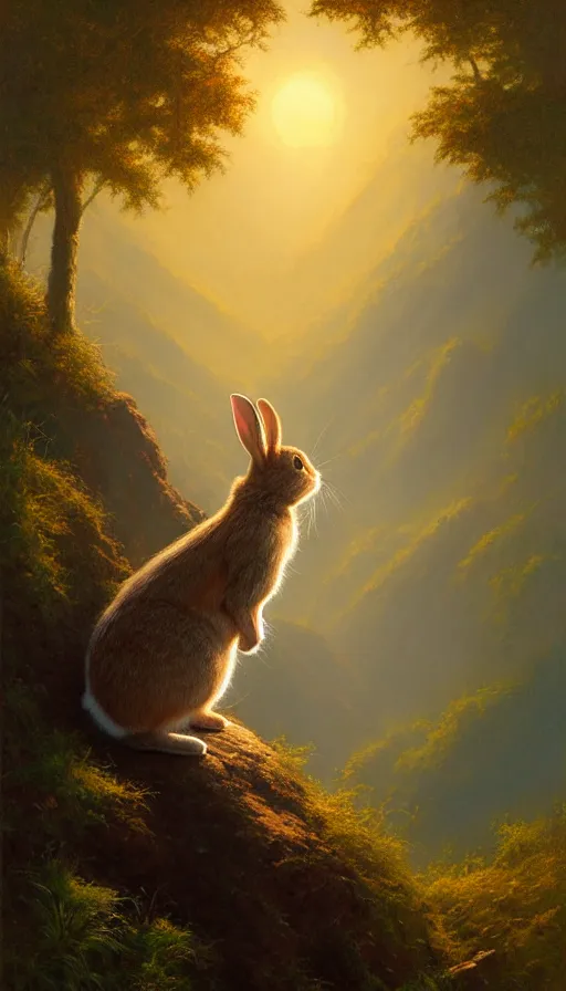 Prompt: hyper realistic rabbit looking off of a cliff, sun setting behind rabbit silhouette, lush forest in valley below, painted by craig mullins, j. c. leyendecker 8 k